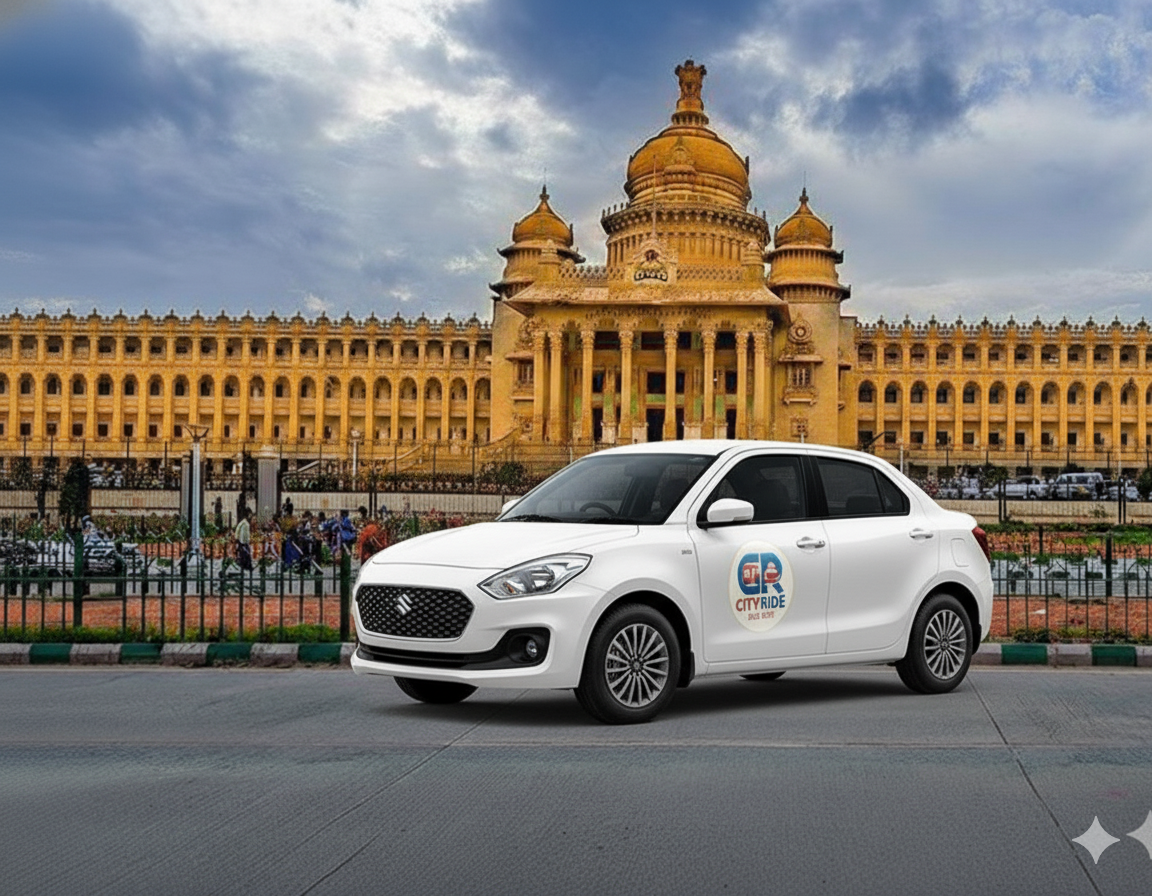 CityRide car in front of landmark building